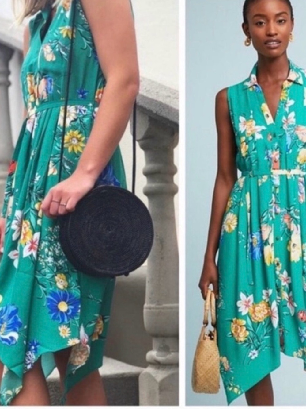 Anthropologie Teal Green Floral Collared High-Low Dress